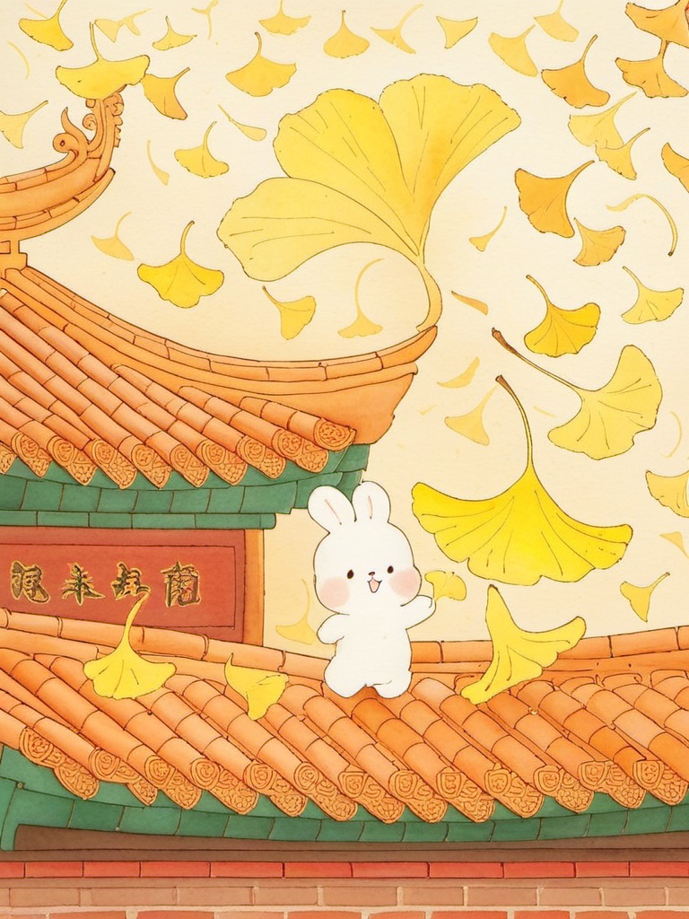tuzi,A whimsical,digital drawing features a cute,fluffy white bunny soaring through the air,clutching a yellow ginkgo leaf. Below,a cheerful brown bear stands on a tiled roof,waving at the bunny. The roof is detailed with red tiles and green eaves,topped with a traditional Chinese dragon. The background is a soft,yellow sky with more ginkgo leaves floating around. The style is playful and minimalist,with a pastel color palette.,,<lora:tuzi_v1:0.8>