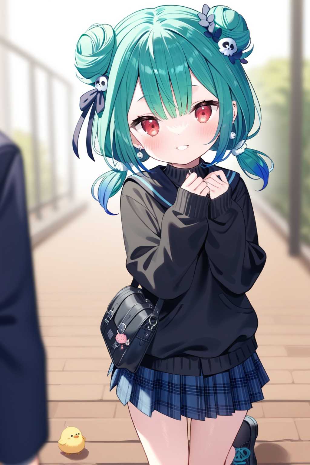 1girl, uruha rushia, virtual youtuber, solo focus, best quality, looking at viewer, smile, cat ears, red eyes, green hair, skull hair ornament, blue hair, multicolored hair, short hair, low twintails, short twintails, bangs, double bun, school uniform, pleated skirt, shoes, shirt, sweater, plaid skirt, plaid dress, jacket, sleeves past wrists, long sleeves, nail polish, school bag, earrings, bird on head, animal print, chick, alternate costume, blurry