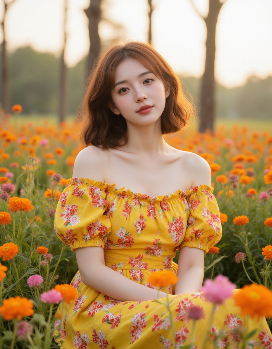 A young woman with fair skin and shoulder-length,  wavy auburn hair sits in a field of blooming orange and pink flowers. S...