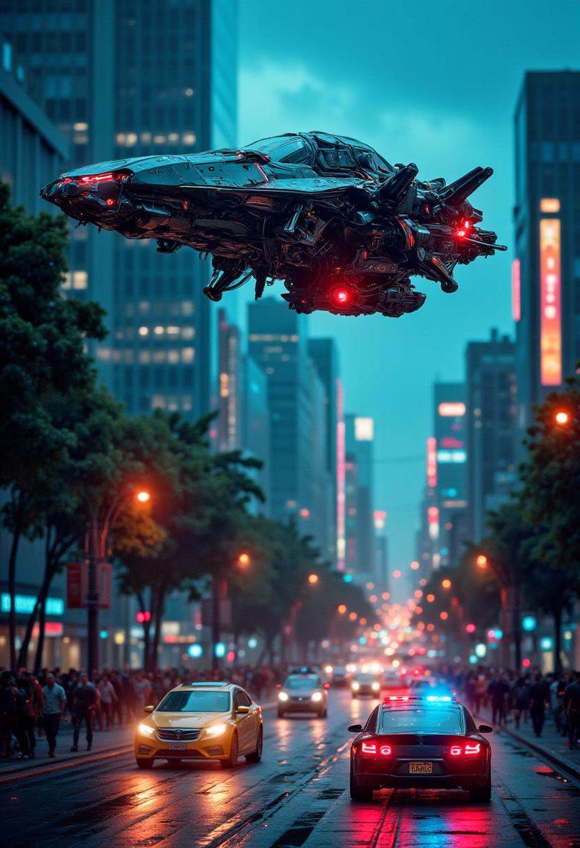 Cyberpunk realistic professional photo in recypu style.A futuristic spaceship flying over a city at night with buildings t...