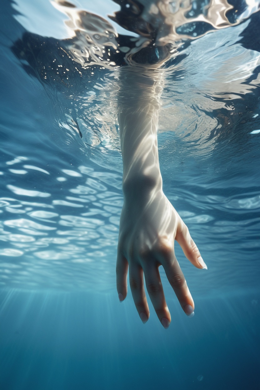 close-up image of hands submerged underwater,  pale skin tones,  clear ripples and reflections on Tensor.Art