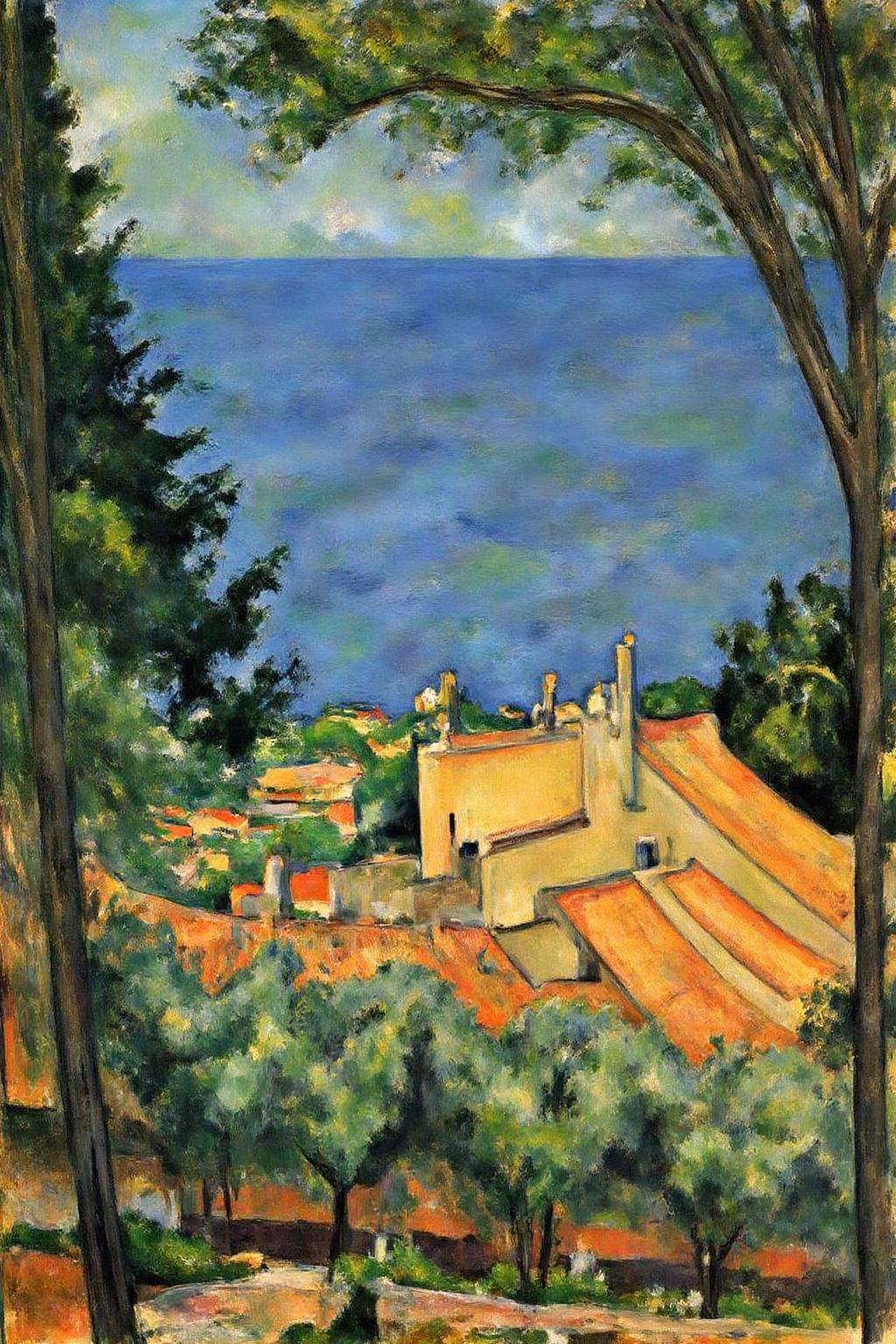 pau1cez landscape painting.A serene coastal scene featuring a picturesque village nestled between lush green trees and oli...