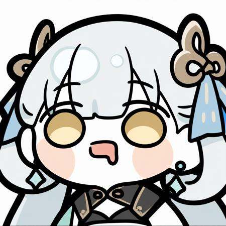 1girl,solo,yellow eyes,hair_bow,long hair,white hair,jewelry,earrings,jinhsi_(wuthering_waves),<lora:drooling_ill-xl-000002:1>,chibi,drooling,mouth drool,upper body,open mouth, black_collar