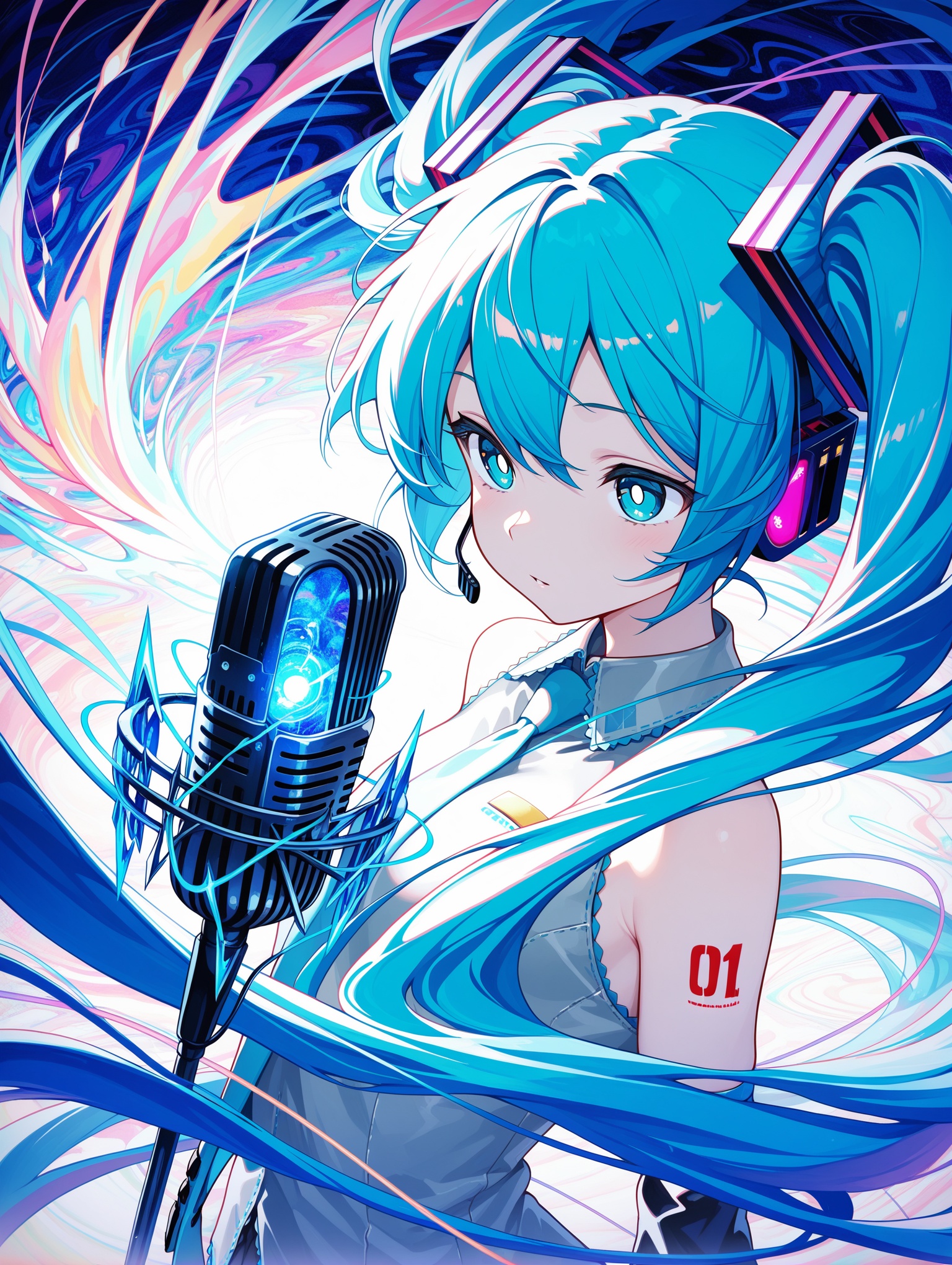 1girl, hatsune miku, white pupils, power elements, microphone, vibrant blue color palette, abstract,abstract background, dreamlike atmosphere, delicate linework, wind-swept hair, energy,masterpiece,best quality,amazing quality,
