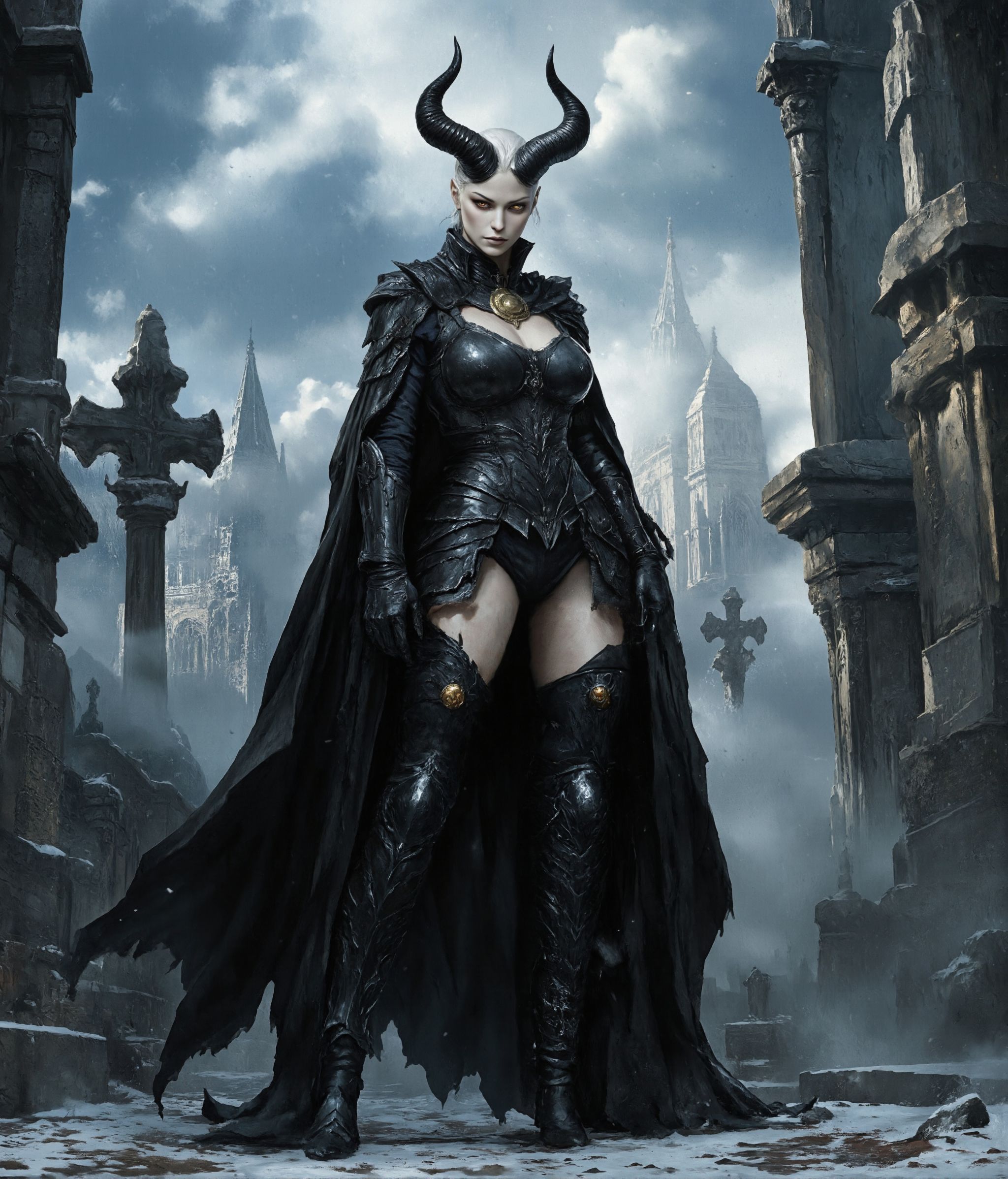 Create a digital illustration of a powerful demonic entity standing in a gothic cemetery at dusk. The figure is an imposin...