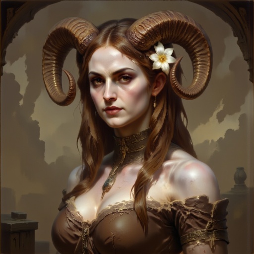 DFOP-V3.0 style oil painting that features fair-skinned woman with long straight brown hair adorned with a white flower an...