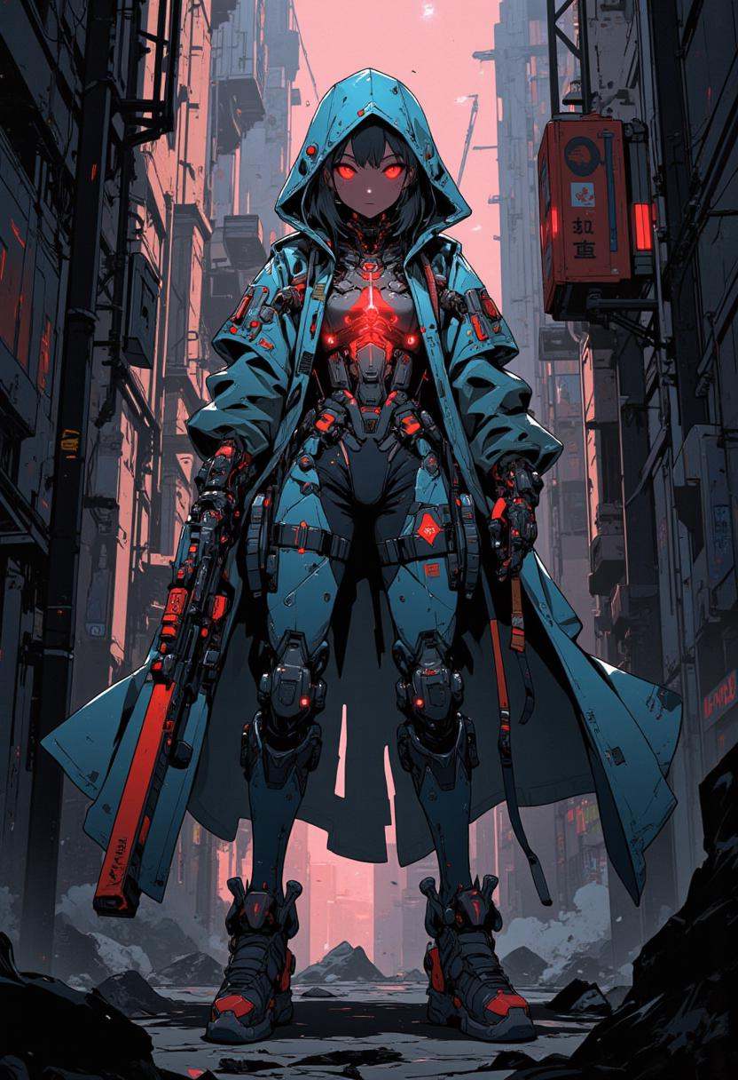 A digital anime style,  comic illustration of a cybernetic bounty hunter with mechanical enhancements,  glowing red eyes o...