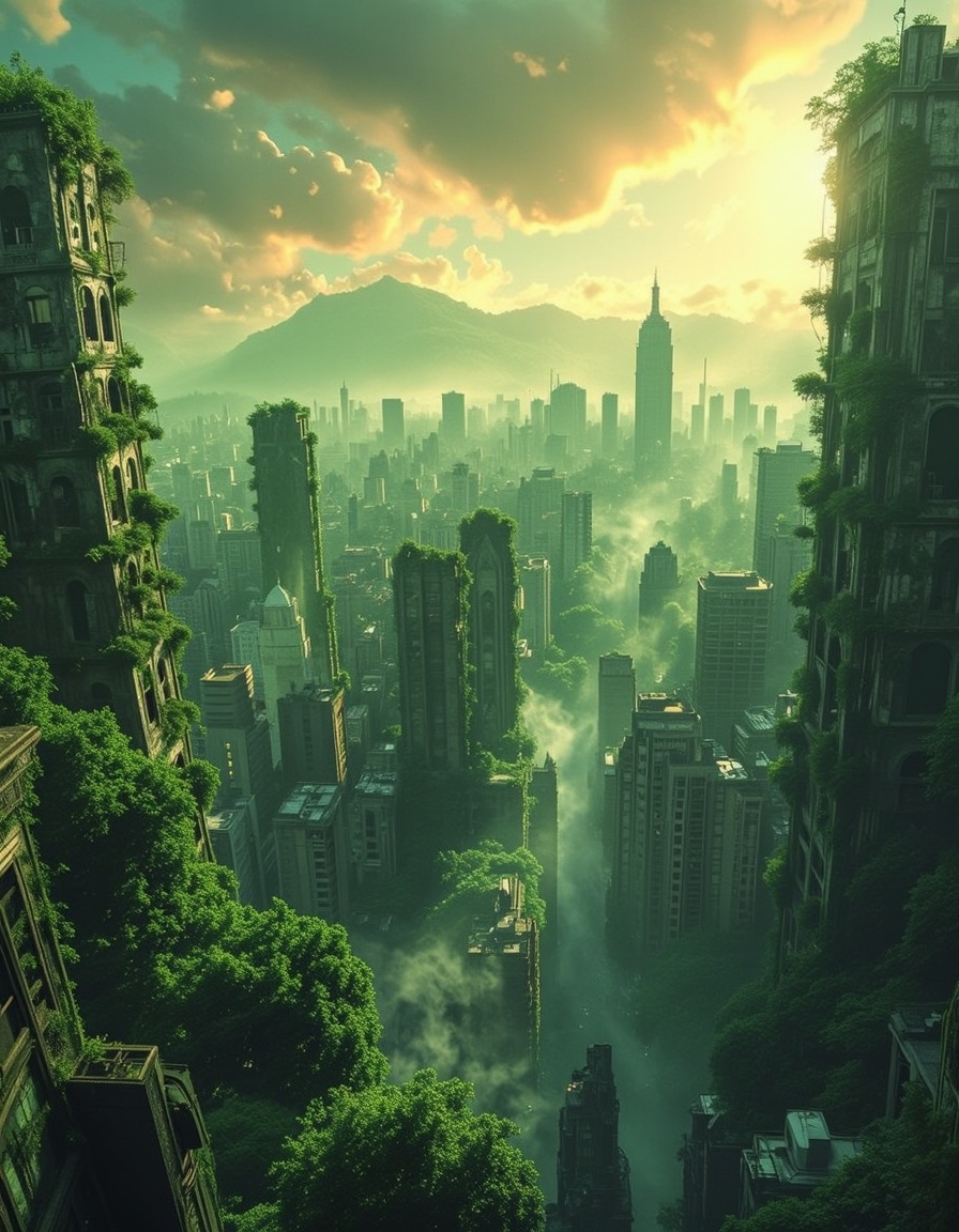city ruins skyline,  skyscrapers,  god rays on Tensor.Art