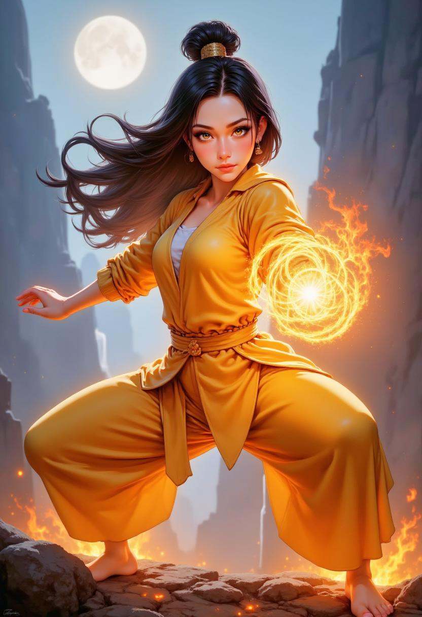 Anime Tai Chi Moves with Mystical Effects:Subject: Beautiful young woman with flowing hair and large,  expressive eyes cal...