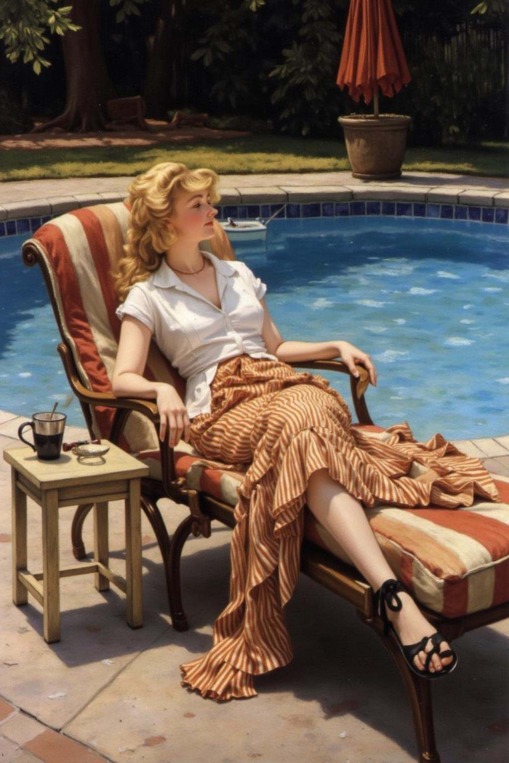 jati1 painting of a blonde woman relaxing on a lawn chair beside a swimming pool. on Tensor.Art