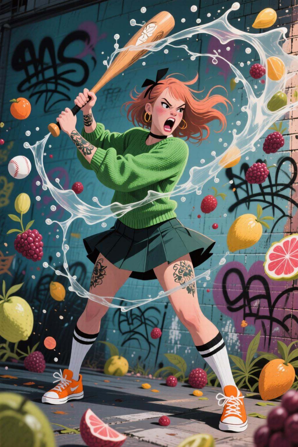 maryblair4q illustrationLiquid splash,  juicy fruits chaos,  dynamic pose. Full-body shot a young woman threateningly hold...