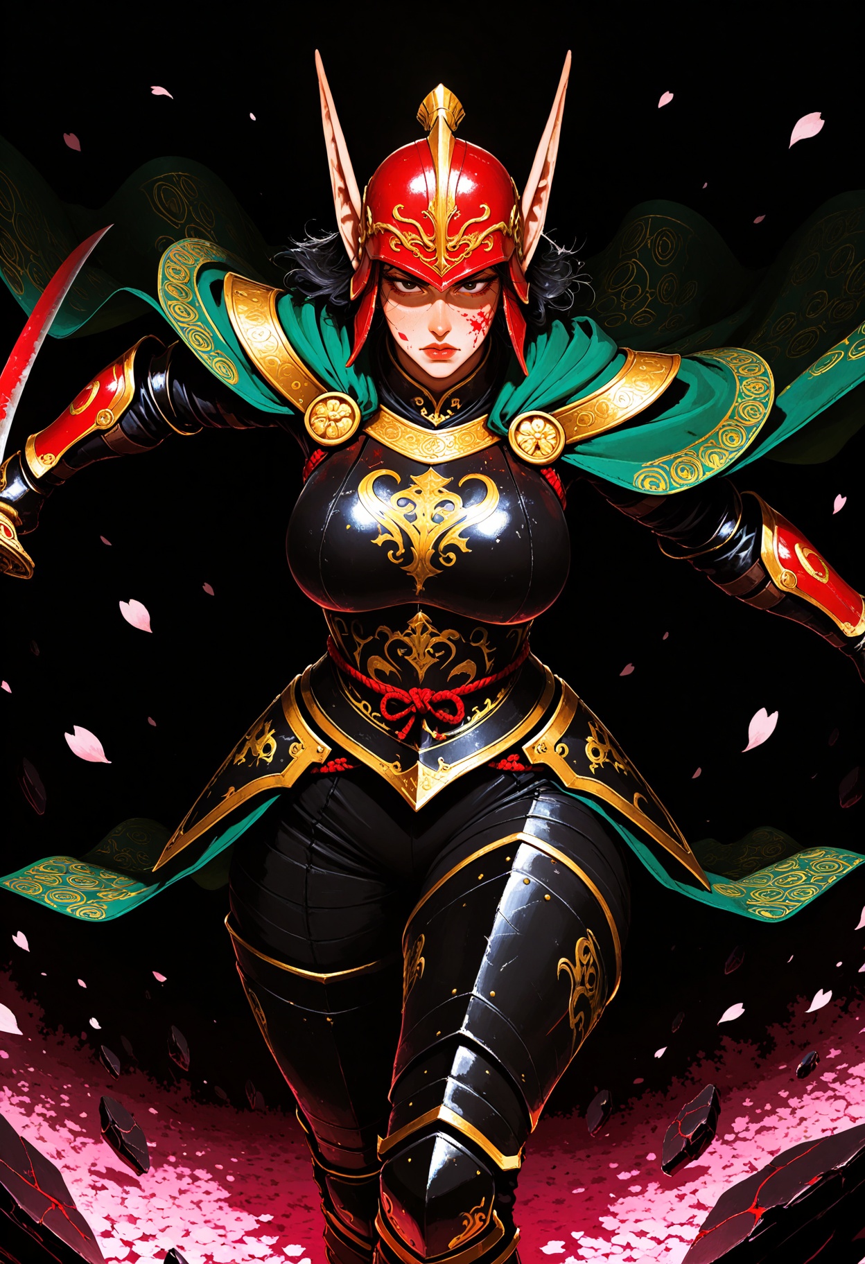 fantasy warrior woman,  holding a sword,  white and red helmet with gold patterns on Tensor.Art
