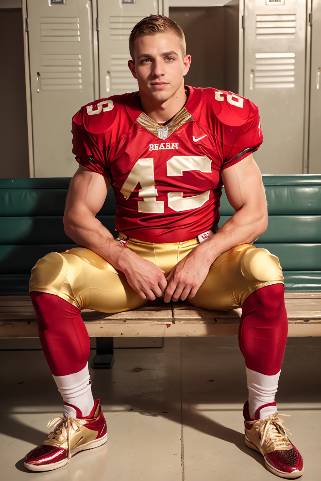 in an American football locker room,  (sitting on a bench),  legs spread open on Tensor.Art