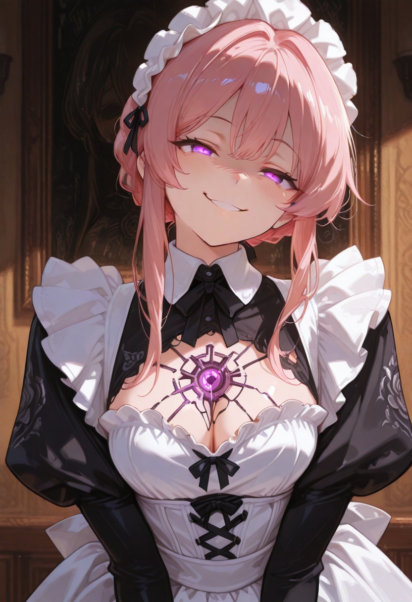 oil painting style,  CivChan in Victorian maid dress,  puffy lace sleeves torn revealing glowing circuit tattoos on Tensor...