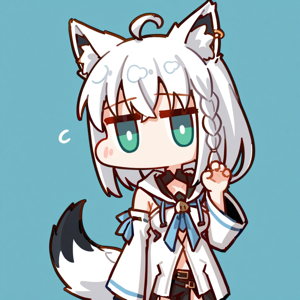 chibi,<lora:nineface-chibi-A31-5:1>,1girl,shirakami fubuki \(1st costume\),hololive,animal ear fluff,animal ears,bangs,braid,fox ears,fox girl,hair between eyes,long hair,white hair,ahoge,single braid,green eyes,sidelocks,fox tail,tail,breasts,earrings,small breasts,medium breasts
