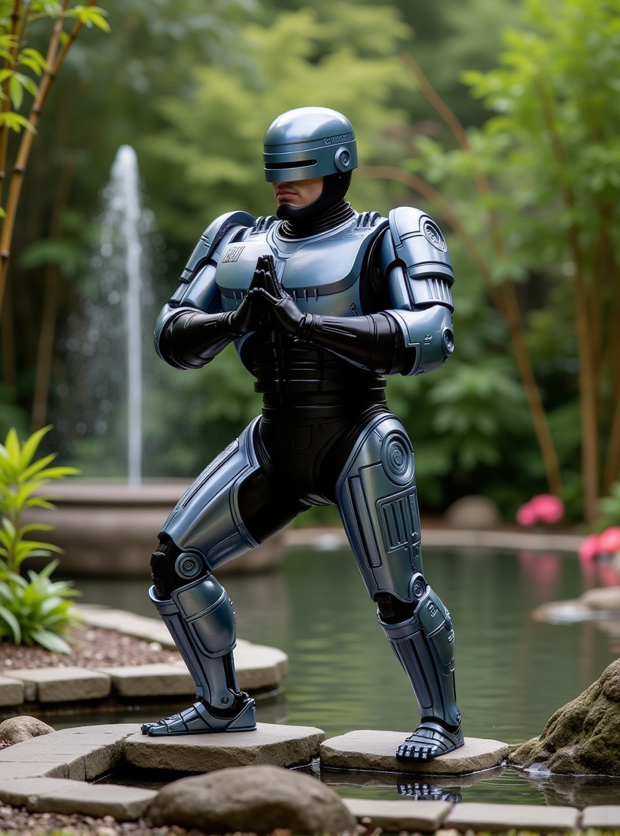 full body Robocop is a practicing yoga in a zen garden,  fountain,  bamboo on Tensor.Art