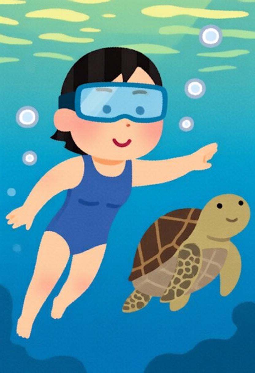 irasutoya3q illustration. a woman swimming underwater. The woman is wearing a blue one piece swimsuit,  and she is wearing...