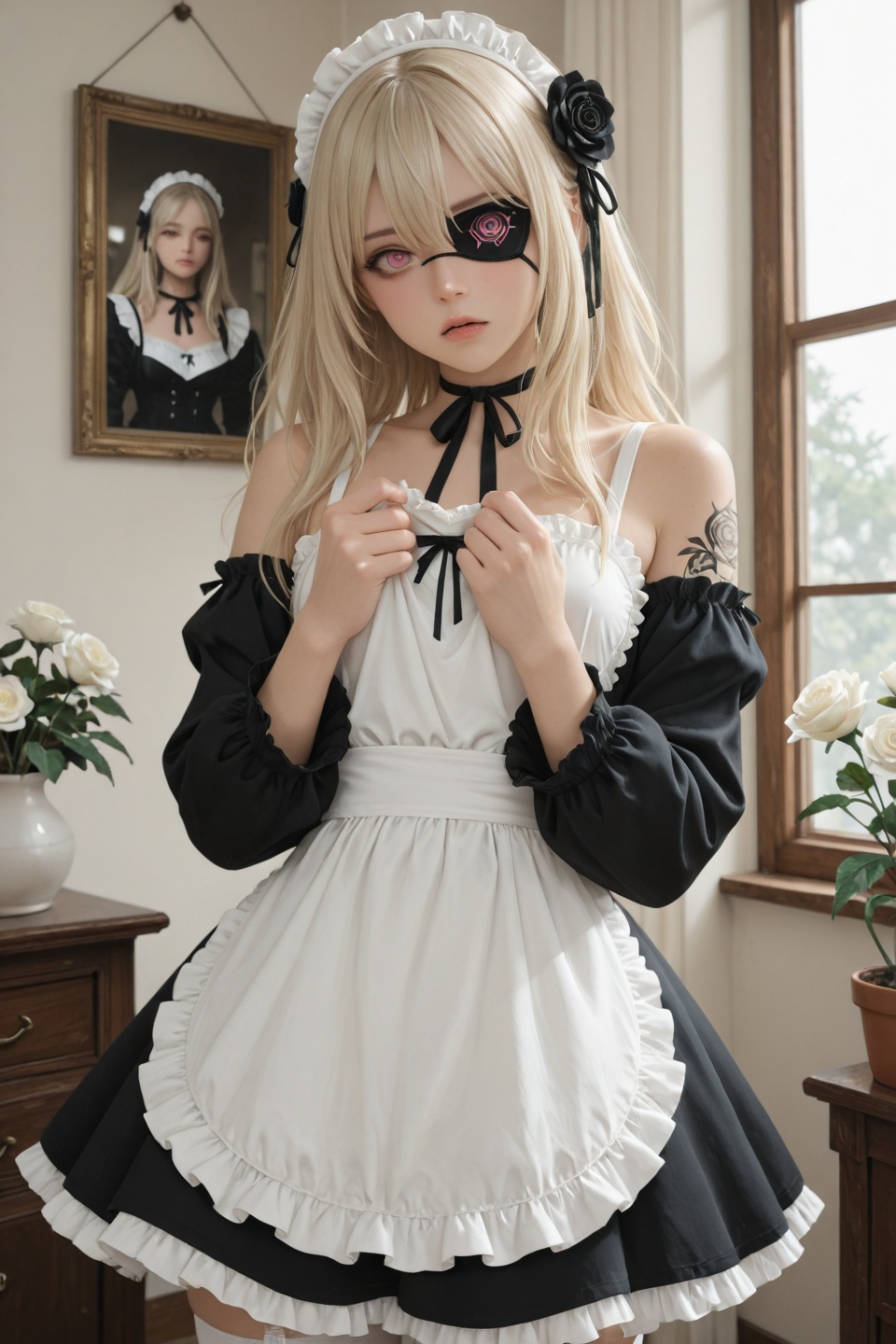 a cute young woman with long,  wavy blonde hair,  wearing a black and white maid outfit with a white apron on Tensor.Art