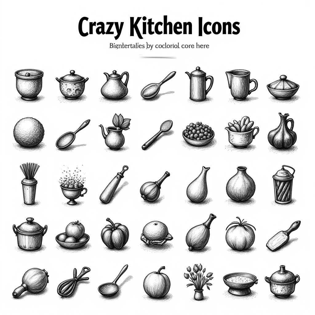 a black and white game icon sheet using pencil drawing style divided in two sections. The top section contains the title "...