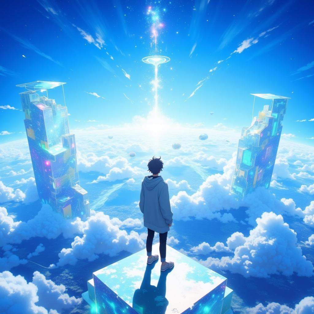 3pic_vist4,  anime_martz,  a young person in a hoodie stands on a platform seemingly above the clouds on Tensor.Art