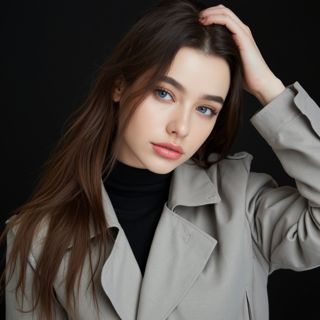 A portrait of dasha_taran with long,  wavy brown hair and striking blue eyes. She wears a light gray trench coat with a bl...