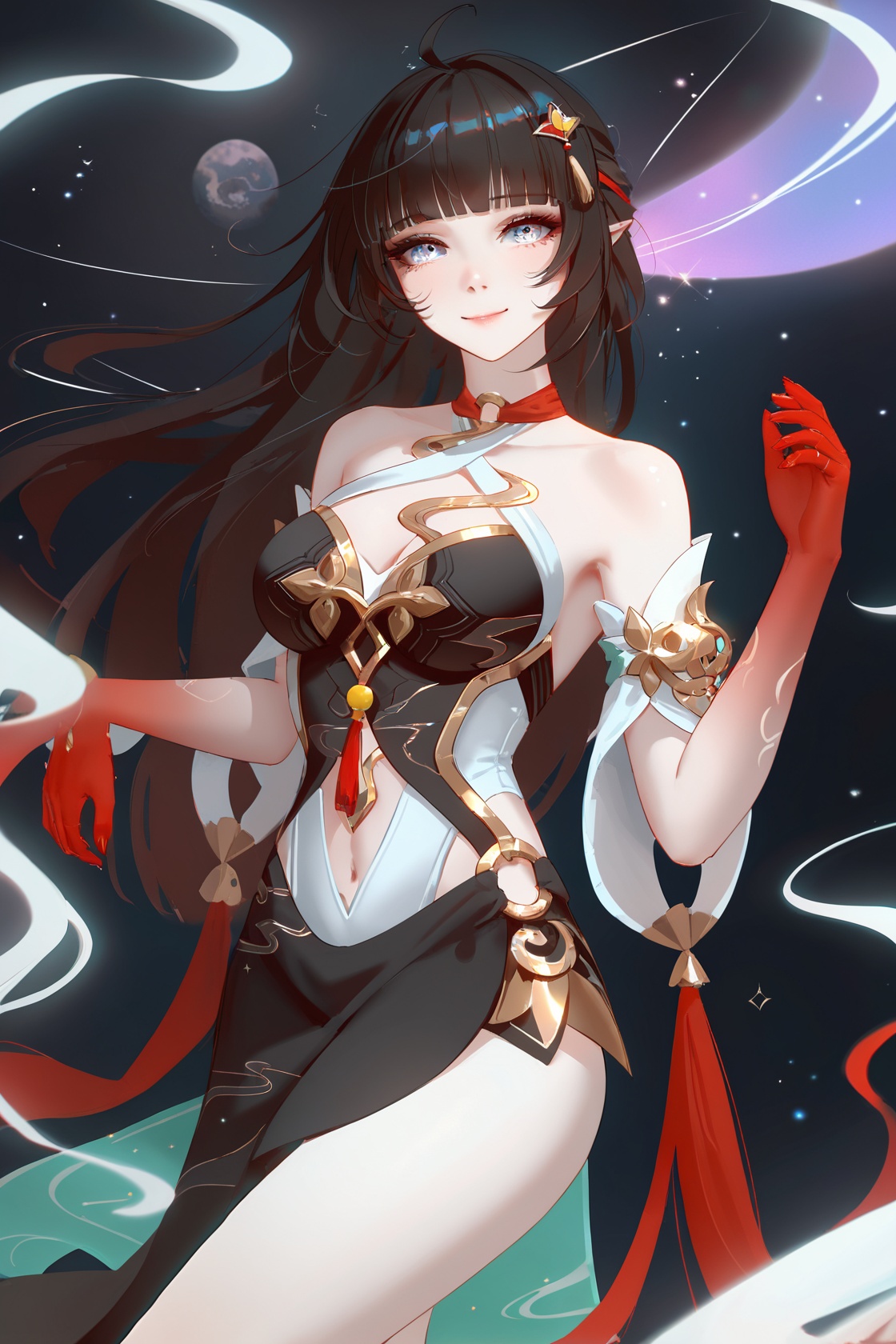 8k, best quality, masterpiece, (ultra-detailed), (high detailed skin), beautiful, intricate, amazing quality, very aesthetic, absurdres, masterpiece, (by nixeu, by wlop:0.7), [by raichiyo33], by anna dittmann, upper body, dynamic angle, chromatic aberration, sparkles, white eyes, slim body, cleavage, white skin, glossy skin, forehead, black and galaxy background, beautiful eyes, medium breasts, solo, happy, (black theme:0.81, <lora:lingsha-atw2-Tanger:0.8>, , lingsha, default clothes, red hands, red feet, black dress, 1girl, long hair, black hair, breasts, ahoge, high heels,, 