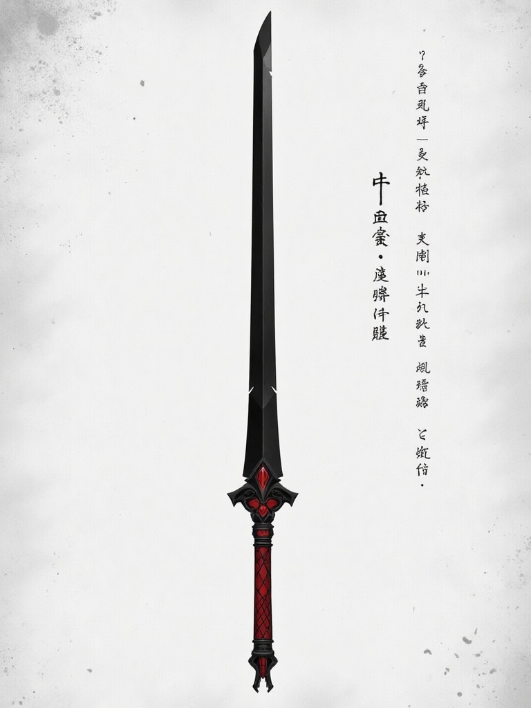 This is a digital drawing of a long,  slender,  black sword with a red on Tensor.Art