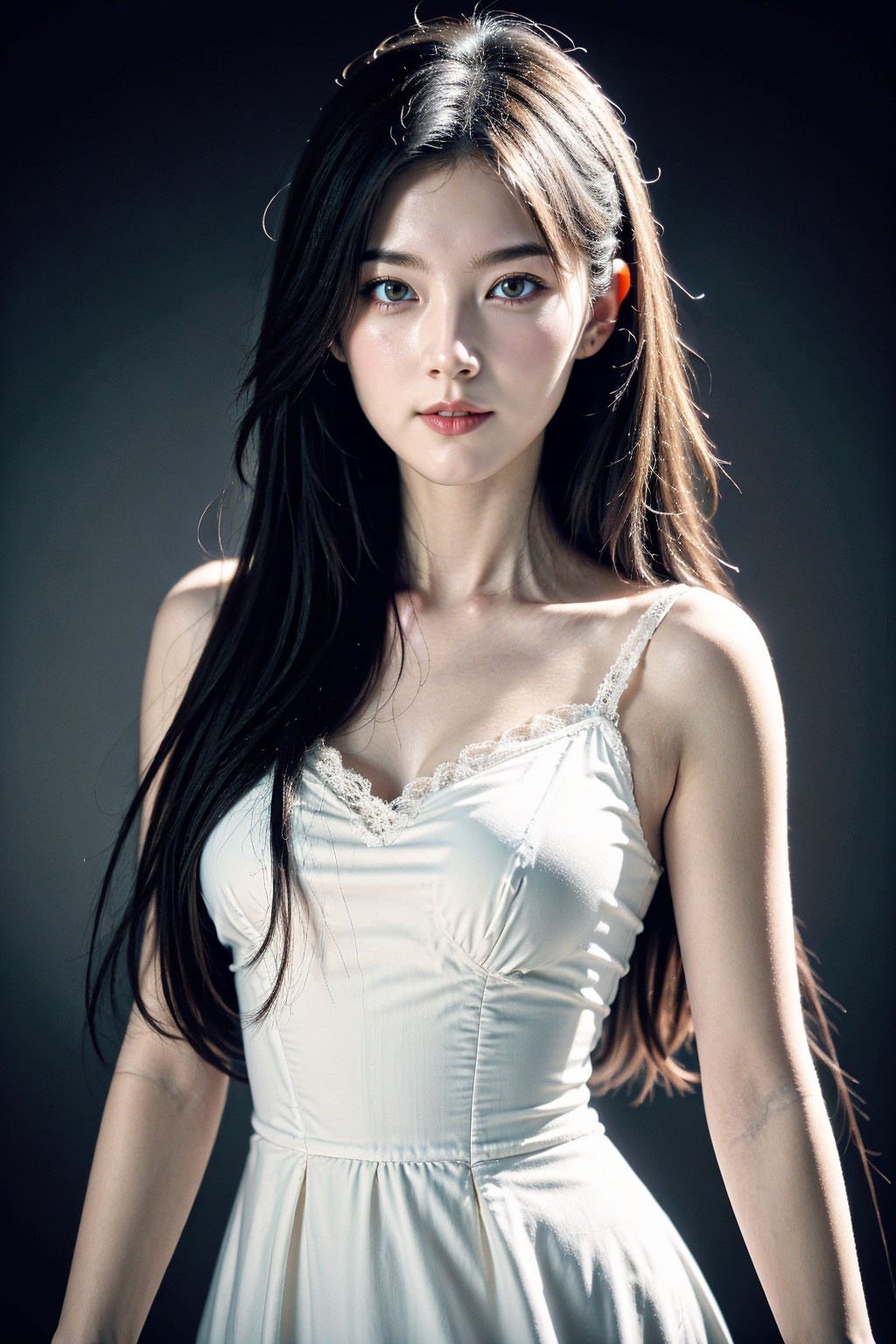 (realistic:1.2),1girl,cute face,(long hair:1.4),dress,see-through lace,sunlight,