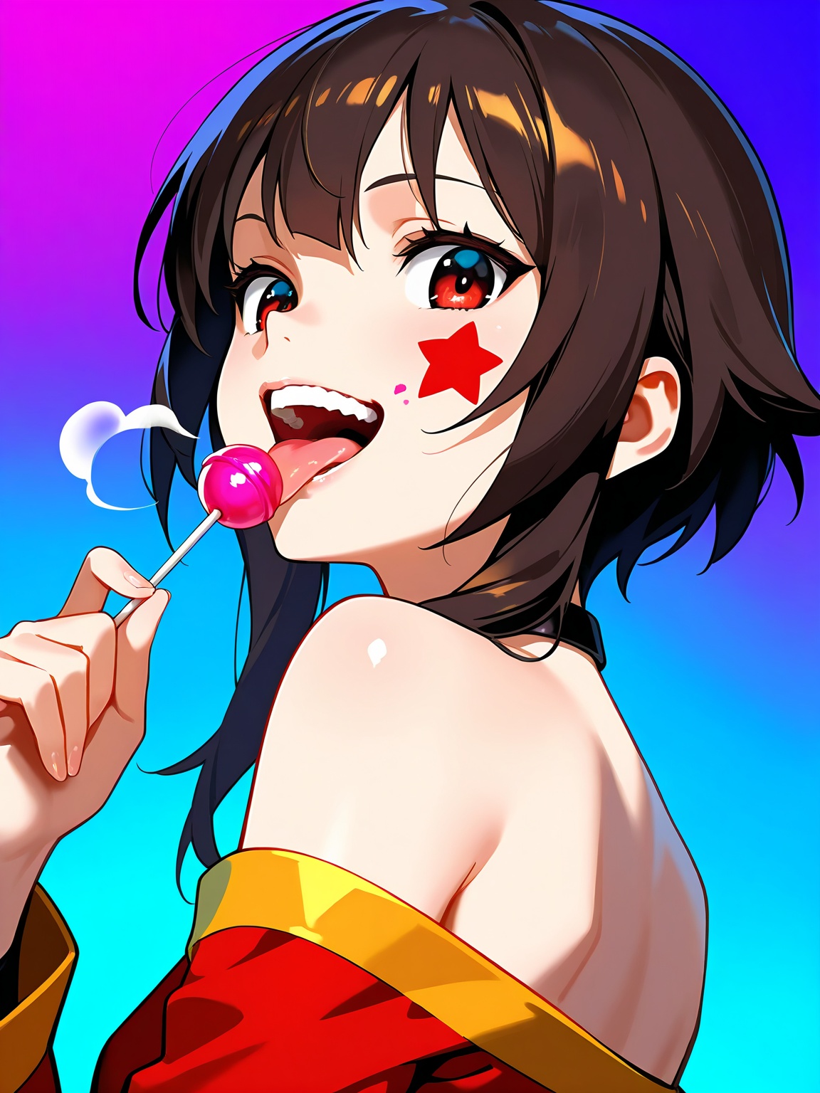 1girl, Megumin, bare shoulders, teeth, lips, thin lips, narrow mouth, solo, looking at viewer, open mouth, holding lollipop, chupa chups, upper body, from below, back lighting, dark, multicolored background, colorful, masterpiece, best quality, grin, greed on his face, his tongue sticking out, a little steam from the mouth