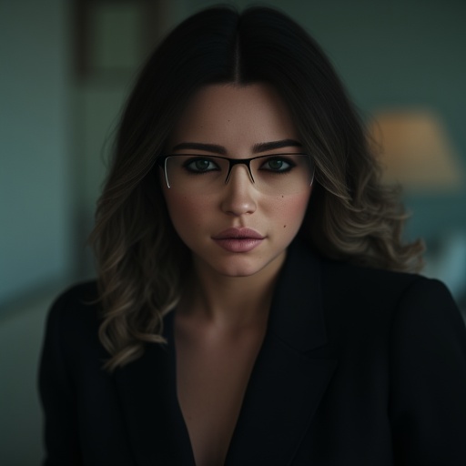 rectangular glasses that frame her expressive,  adding a touch of elegance and sensuality to her appearance.,  rectangular...