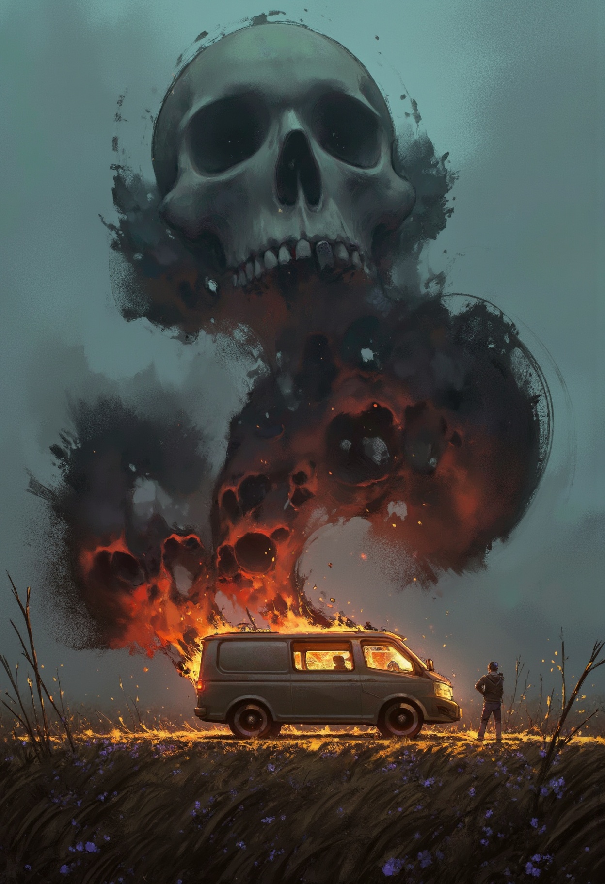 sc3n1ch0r1s0ns,  to the left of the van a massive abstract skull-like structure rises from the ground its dark shadowy for...