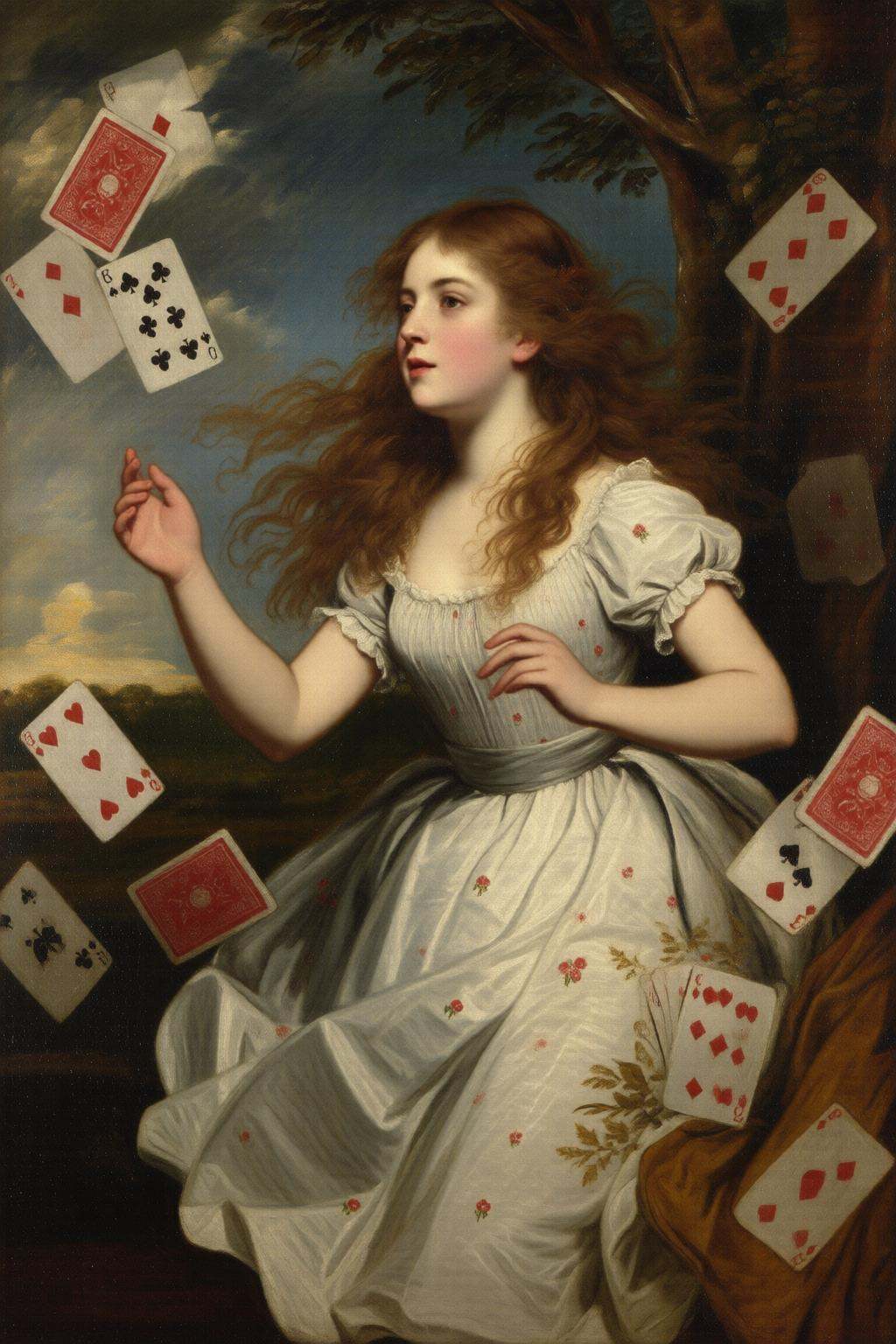 joshuareynolds2q painting.A scene from "Alice's Adventures in Wonderland." The central figure is a young girl,  Alice,  wi...