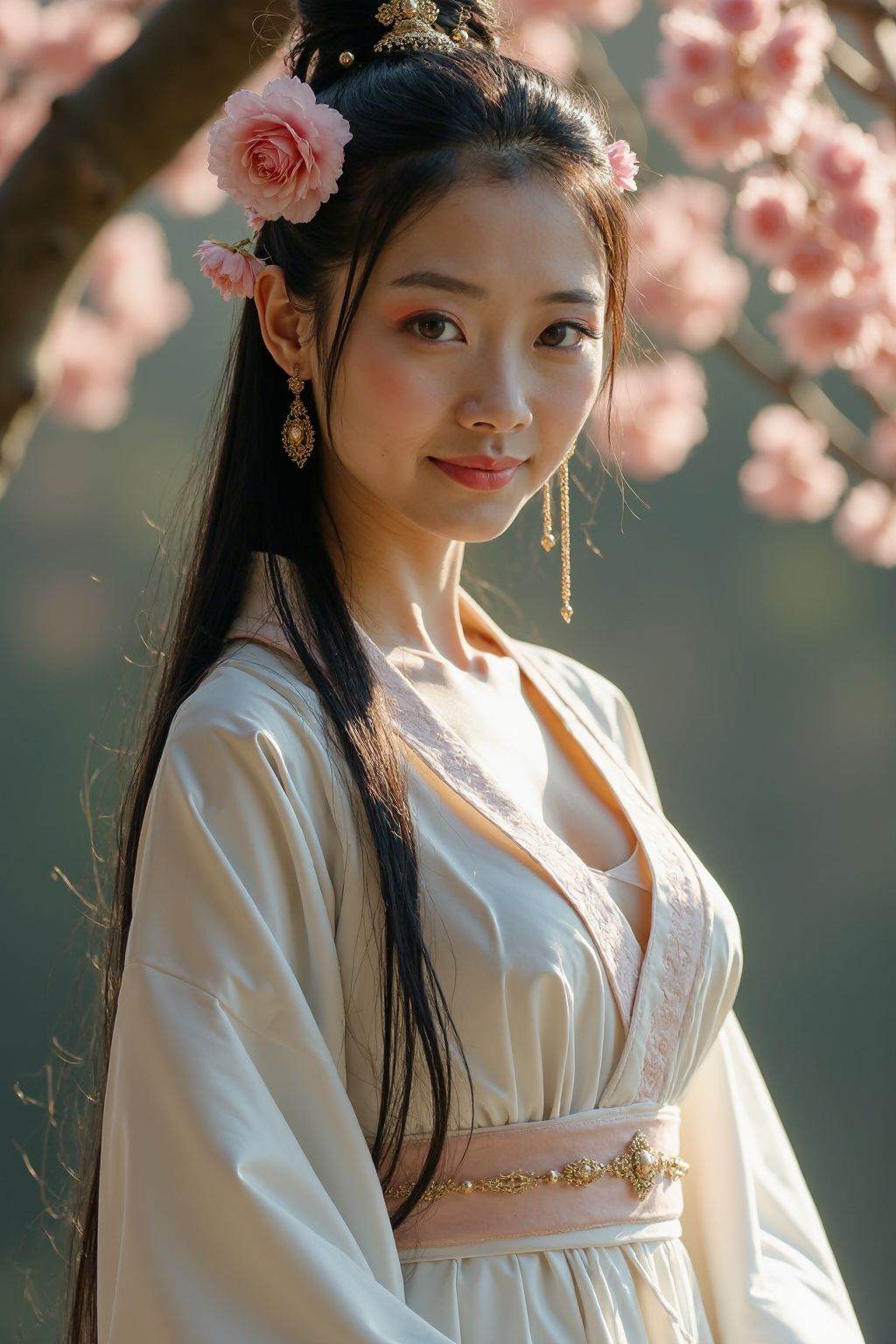 HDR photo of cinematic film still large breasts,  extremely slim waist,  The image is a high-resolution photograph of a yo...