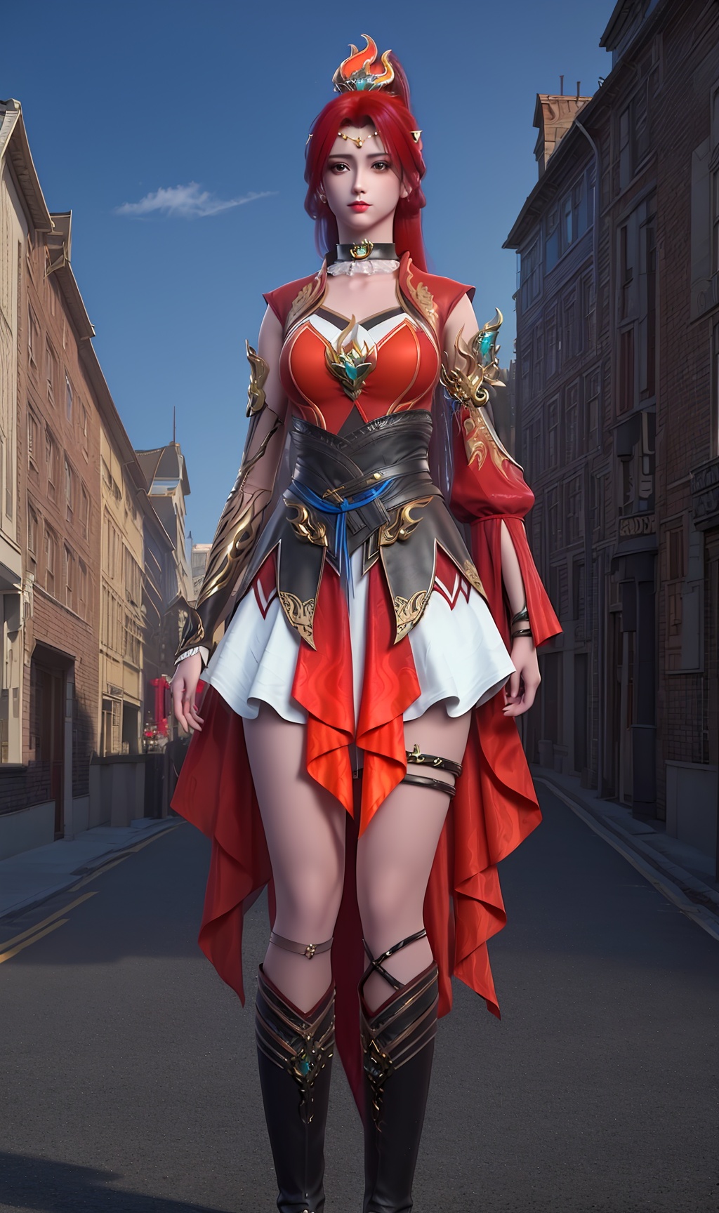 3D,masterpiece,(best quality),(makeup),official art, extremely detailed cg 8k wallpaper,((crystalstexture skin)), (extremely delicate and beautiful),(highly detailed),(face),(collar),(armor),(tiara),(ponytail),(1girl), (solo), (jewelry), (earrings),(tangerine_hair),(long_hair),(hair_ornament),(handwear),(breasts),(standing),((full_body,whole_body)),(bandage),(dress),(shorts_skirt),(shiny_clothes),(long_legs),(thighs),(city,outdoor),(belt),(wrist_cuffs),(multicolored_clothes),(multicolored_dress),,((looking_at_viewer)),((Facing the camera)),(boots),(knee_boots),, <lora:hipoly3DModelLora_v10:0.3>