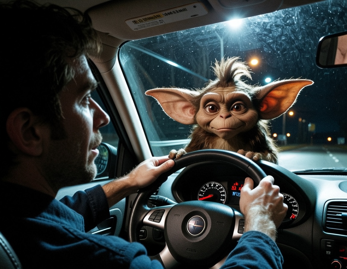 DRIVERPOV,  gremlins looking through the windshield,  on the road at night on Tensor.Art