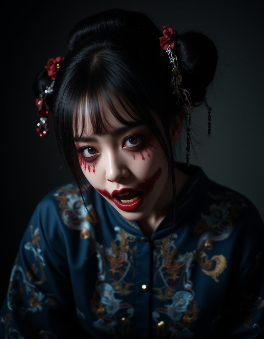 1girl,Concept artdark and eerie atmosphereeerie figure in traditional Chinese attiredark blue robe with intricate gold embroidery with Chinese charactersdark hair with hairpinsintense face paintdimly litmysterious and eerie moodclose-up shotlow-angle shotdramatic lightingdark background,zombie,