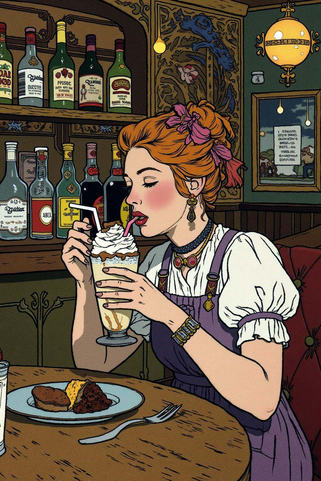 ivanbilibin1 illustration. A woman in a pub eating a milkshake on Tensor.Art