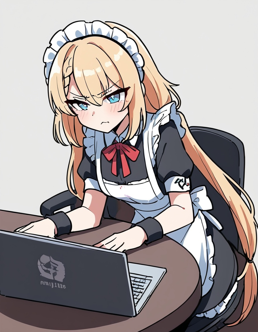 zmgwshnmspfd, 1girl, g36 \(girls' frontline\), girls' frontline,zmgwshnmspfd, blonde hair, braid, blue eyes, breasts, braided bangs, long hair, maid headdress, medium breasts, very long hair, hair between eyes, laptop, full body, frills, office chair, shirt, black thighhighs, white shirt, thighhighs, crossed legs, blush, swivel chair, short sleeves, solo, maid apron, side braids, computer, skirt, wrist cuffs, white background, simple background, high heels, looking at viewer, apron, zettai ryouiki, alternate costume, collarbone, chair, sitting<lora:zmgwshnmspfd:1>​​​