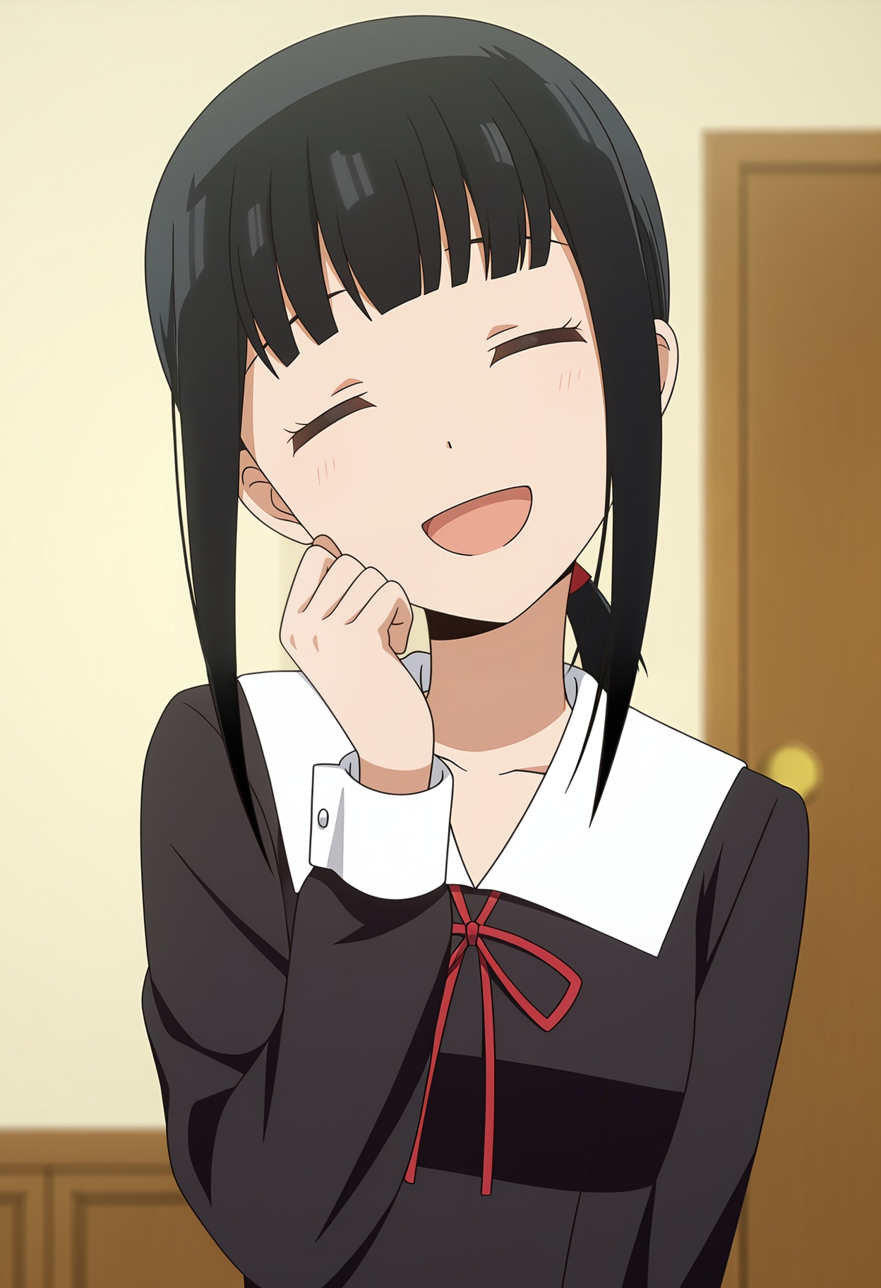 <lora:Makihara Kozue_illustrious-000020:1>,Makihara Kozue,black hair,closed eyes,school uniform,smile,open mouth,red ribbon,ribbon,long sleeves,blurry,head tilt,sidelocks,hand up,upper body,dress,black dress,:d,anime screencap,