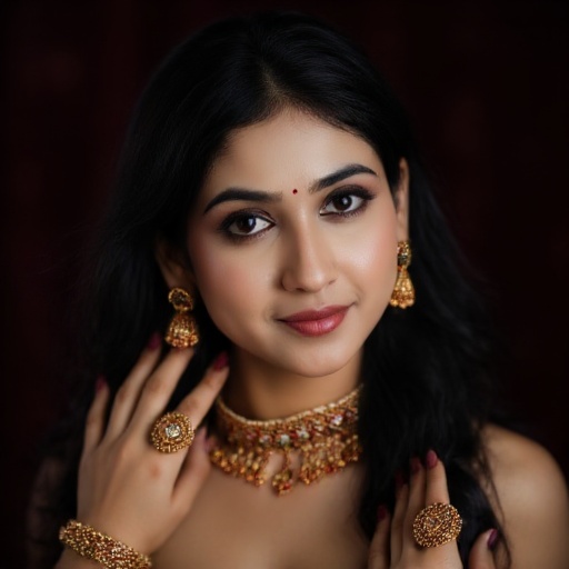 A young woman with long,  dark hair,  adorned with traditional South Asian jewelry. Focus on the intricate details of the...
