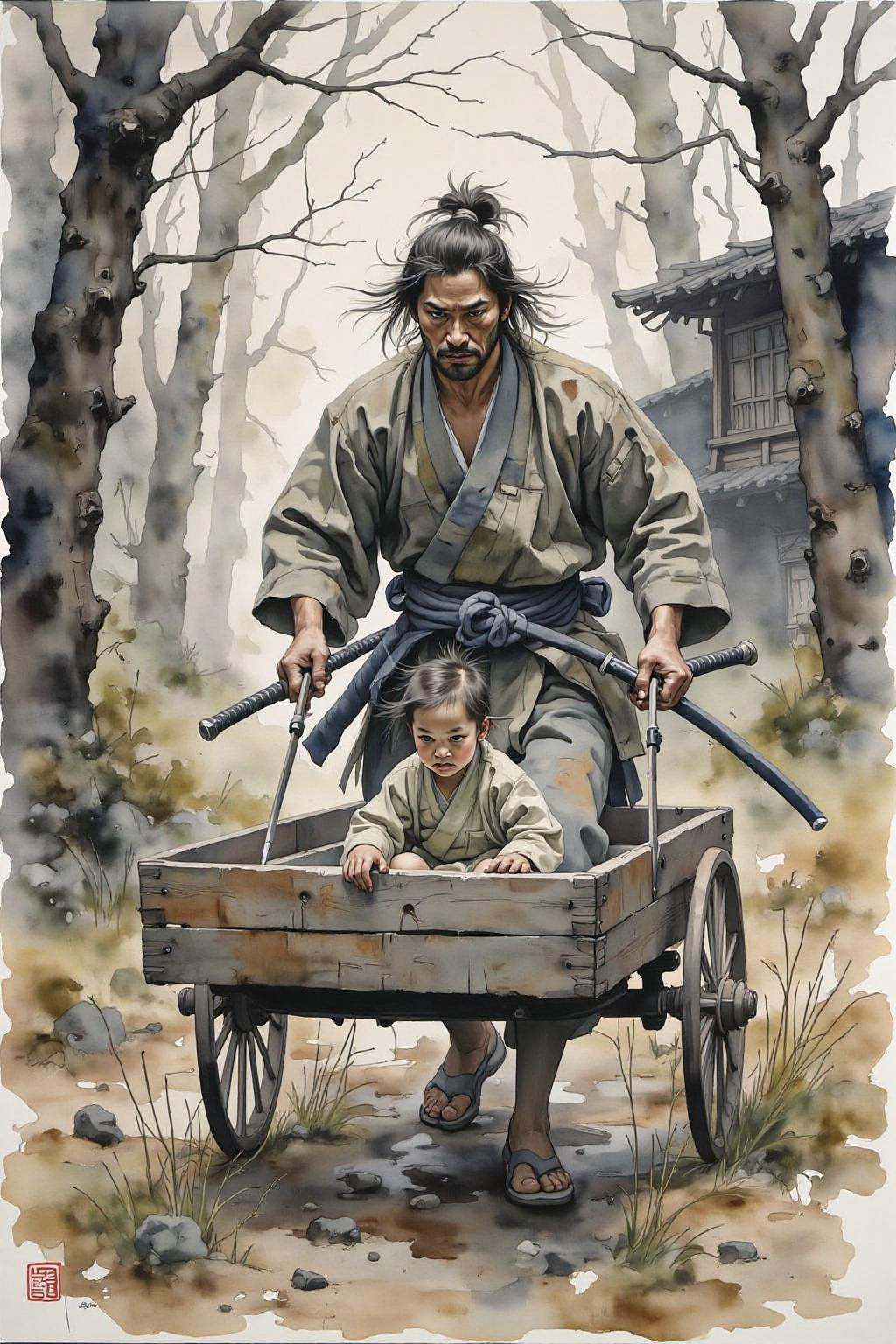 yawc1 watercolor. A stoic Japanese samurai dressed in traditional tattered kimono pushes a wooden cart through a serene ye...
