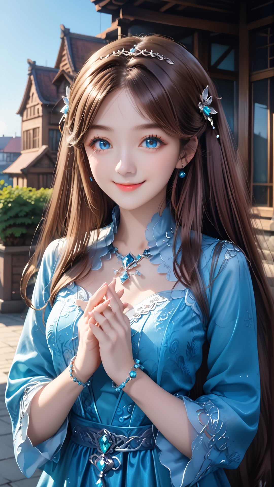 1girl,hair ornament,blue eyes,brown hair,dress,long hair,solo,smile,upper body,looking at viewer,own hands together,blue dress,bracelet,closed mouth,jewelry,sky,building,blue sky,<lora:pony宁荣荣-000007:0.8>,
