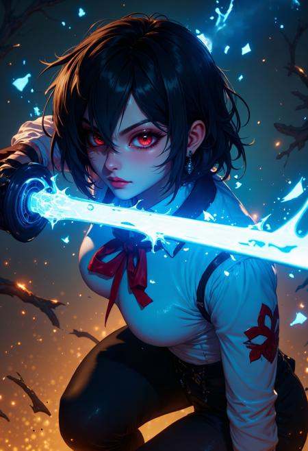 G0thicL1nes,  A woman in black pants and a white top wields a glowing blue katana. Her short black hair partially obscures...