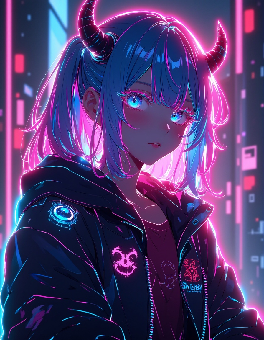 A cyberpunk demon girl with horns and mismatched neon hair colors. Her jacket glows with holographic patches of sinister e...
