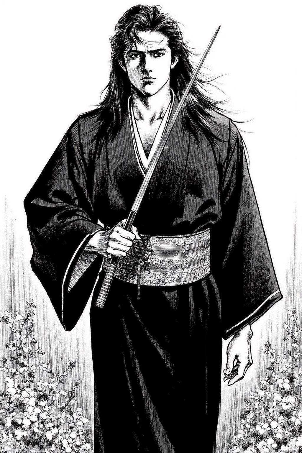 1keryo illustration. A tall Japanese Samurai Ronin with a stern,  serious expression. He has long,  dark hair. He is dress...