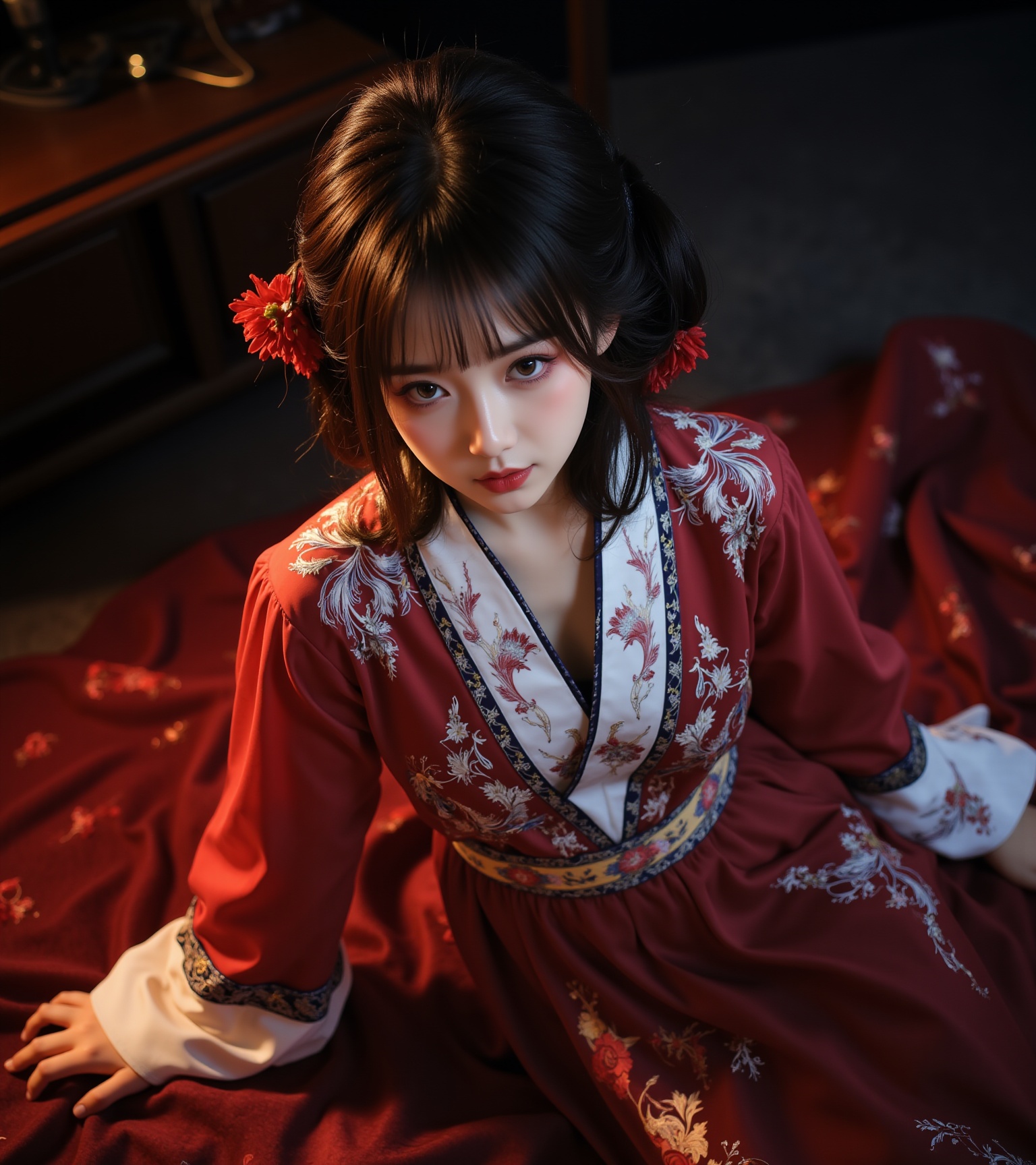18 year old cute chinese young girl,(chinese hanfu:1.6),Cinematic Lighting,(from_above:1.1),backlight,low light,late night,real human skin,colorful,very detailed,stunning details,classy,top-down_bottom-up,(grab the ass:1.2),(look at the front:1.3),grab the sheets,from_back,