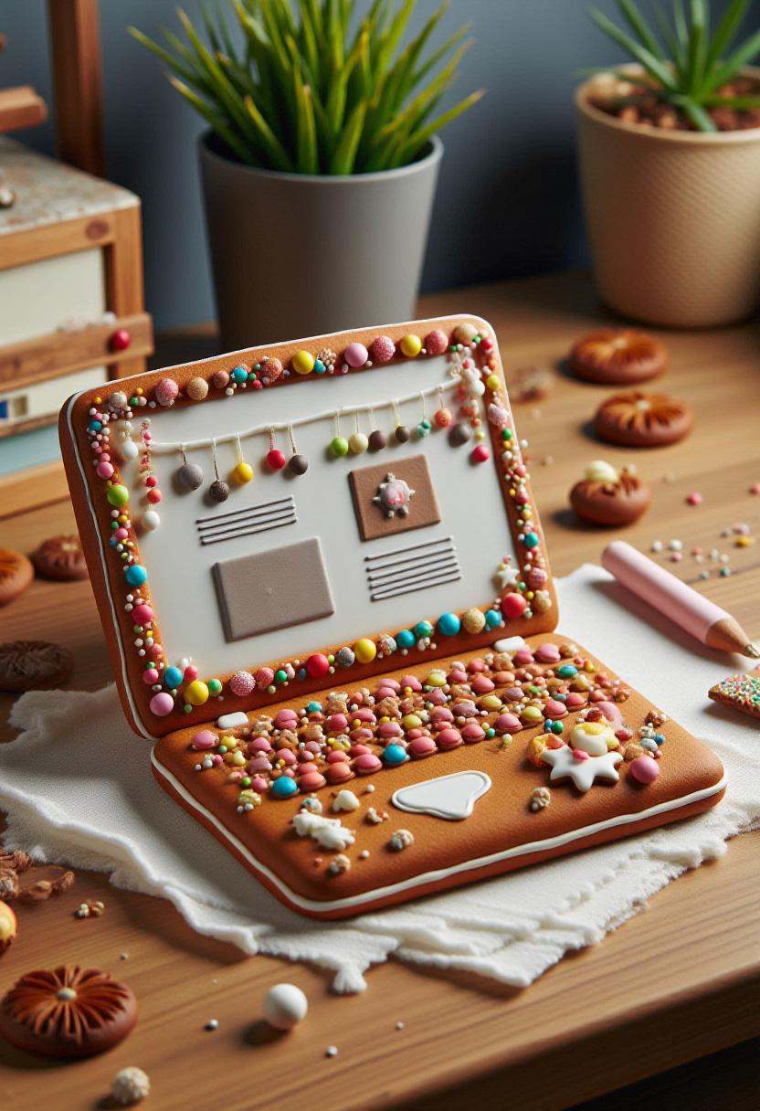 This is a photograph of a intricately decorated gingerbread laptop,  placed flat on an office desk. on Tensor.Art