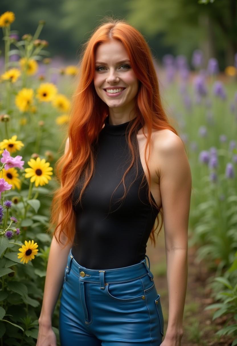 A woman with long red hair smiles as she stands in a flower garden wearing a black halter top and blue leather pants on Te...