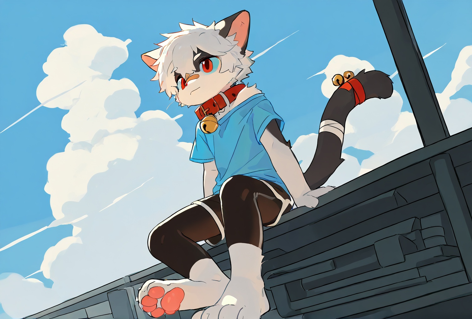 cat boy,1boy,solo,male_focus,(white_hair:0.8),red eyes,[bell on collar,Collar,Cortical collar,Large collar],(blue t-shirt,black_leggings under shorts,black bike_shorts),(barefoot) BREAK dutch angle,vanishing point,sitting on rooftop,(blue sky,cloud,wind),(masterpiece, best quality:1.1),foot focus,bandage on nose,bandage on leg,Tail decoration,cat tail,PVC Style,bare_shoulder,body fur,furry,