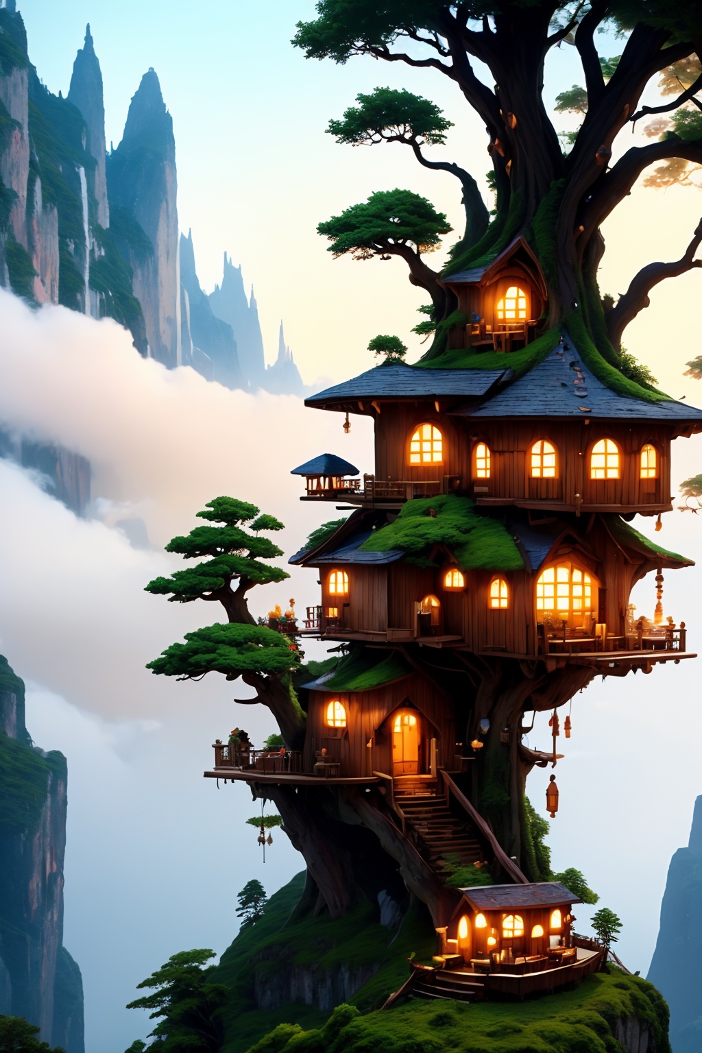 <lora:AgainWonderlandForest:1>, AgainWonderlandForest, fantasy, (a huge old tree on the cliff:1.2),(many tree houses are on branches:1.3),sheer, majestic cliffs,rough stone,it was thrilling,dramatic light,fog and mist,